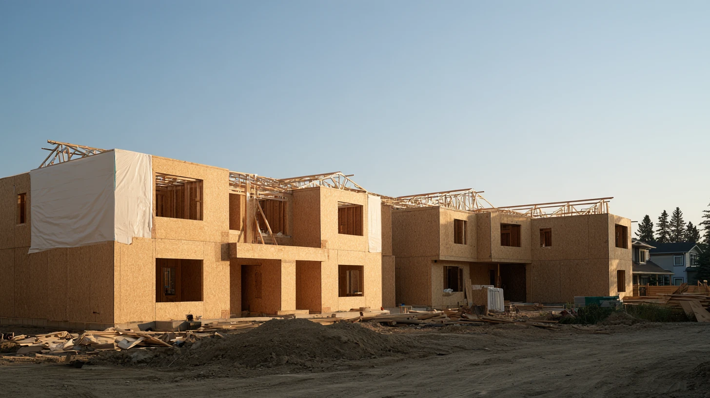 Attached two-storey townhomes sheathed in OSB with roof trusses going up